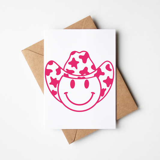 SUBLIMATION ready to press transfer- Country smiley face- cowboy hat- cow print design- pink black design